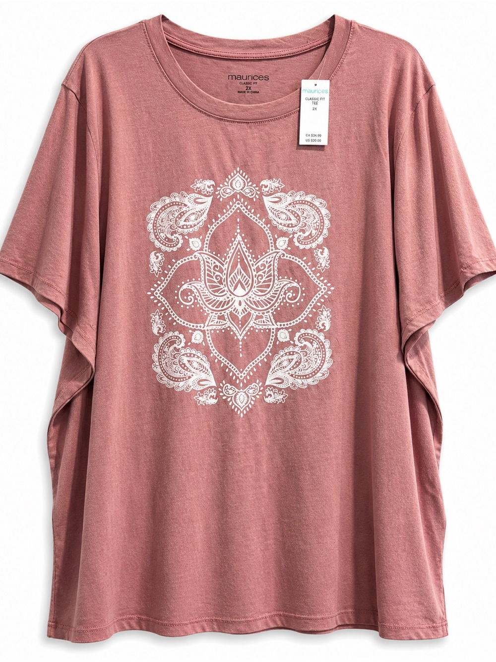 NWT Maurices Dusty Rose Lotus Mandala Graphic Tee 2X Plus Size Boho Top